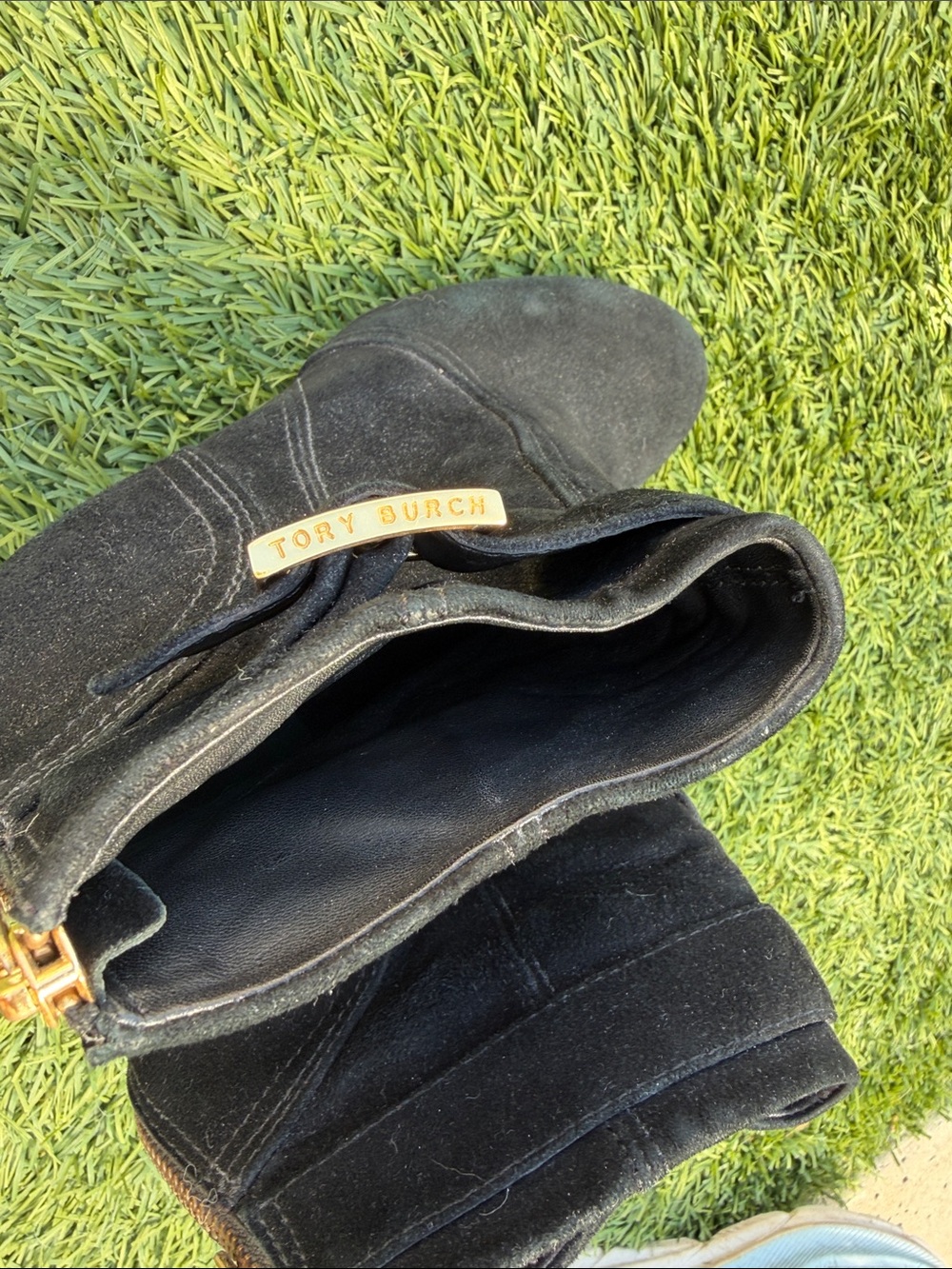 Tory Burch Black Suede Wedge Ankle Booties with Gold Buckle - Picture 4 of 5